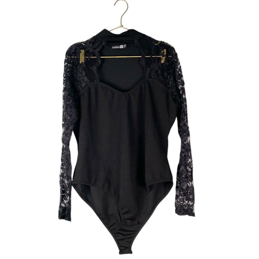 Boohoo Womans Plus Size Black Bodysuit with Lace Sleeves US 16 – (21)‎